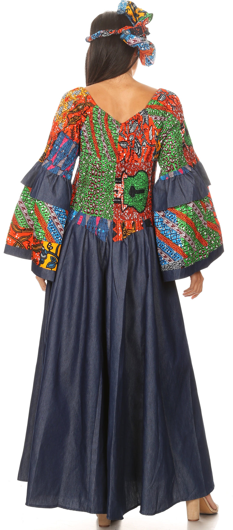 Sakkas Abayomi  Wax African Ankara Chambray Peasant Medieval Casual Long Dress