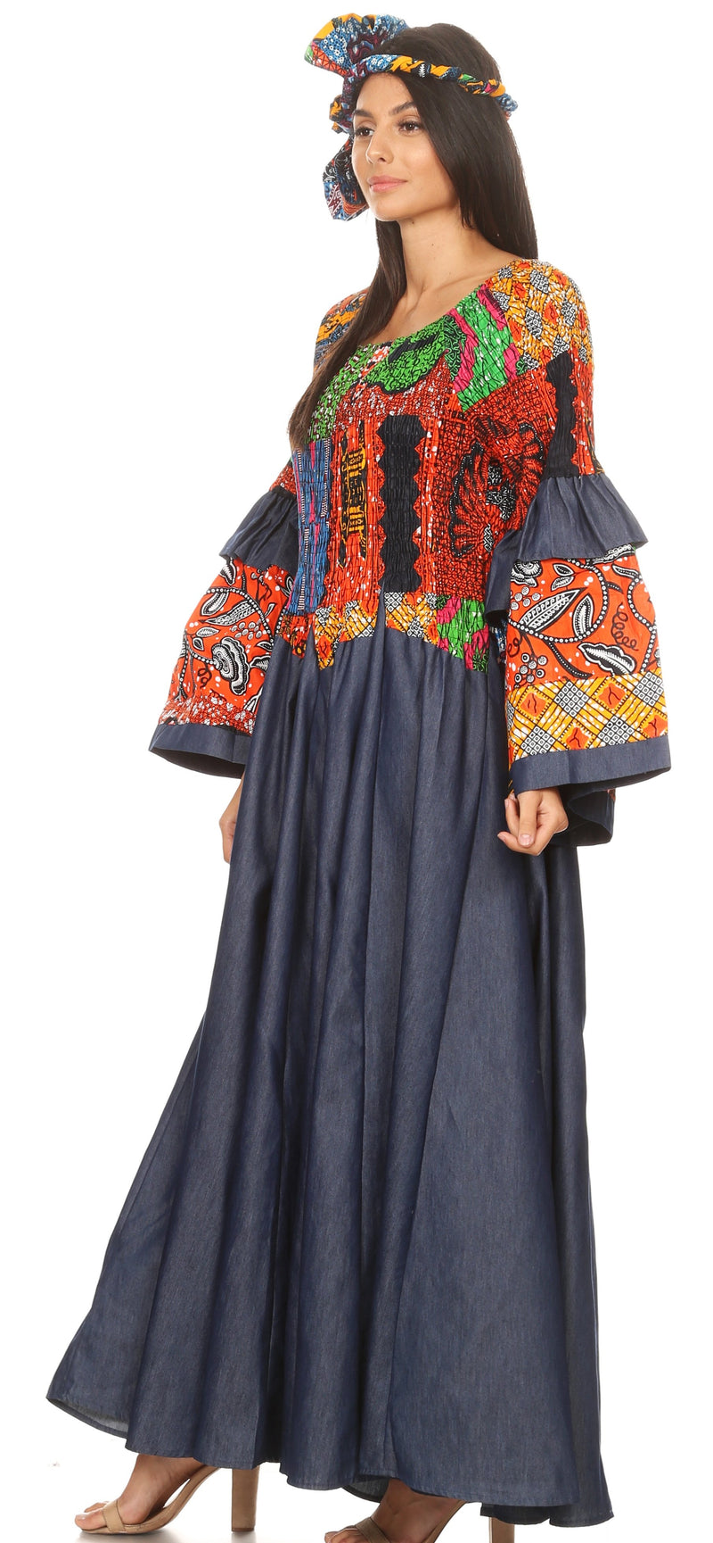 Sakkas Abayomi  Wax African Ankara Chambray Peasant Medieval Casual Long Dress