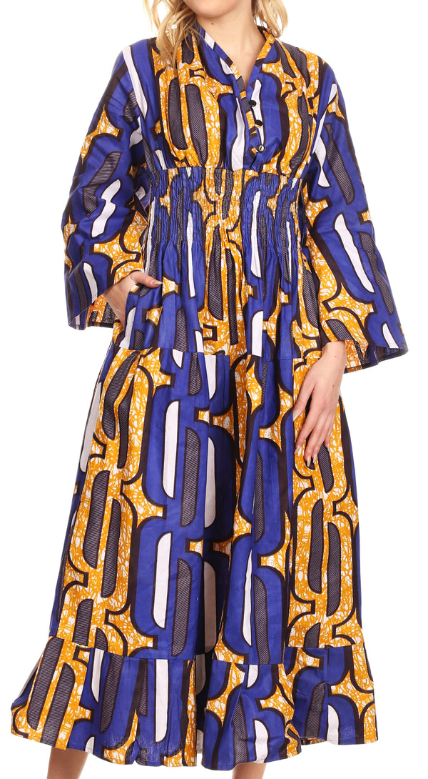 Sakkas Paola Women's  Maxi Long African Print Dress Evening Casual with Pockets#color_418-Blue/yellow