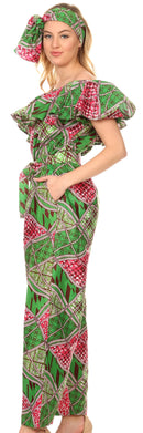 Sakkas Lelisa Ruffle Off-shoulder Long Jumpsuit w/pockets Wax African Ankara Dutch