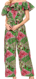 Sakkas Lelisa Ruffle Off-shoulder Long Jumpsuit w/pockets Wax African Ankara Dutch#color_117-GreenFuchsia