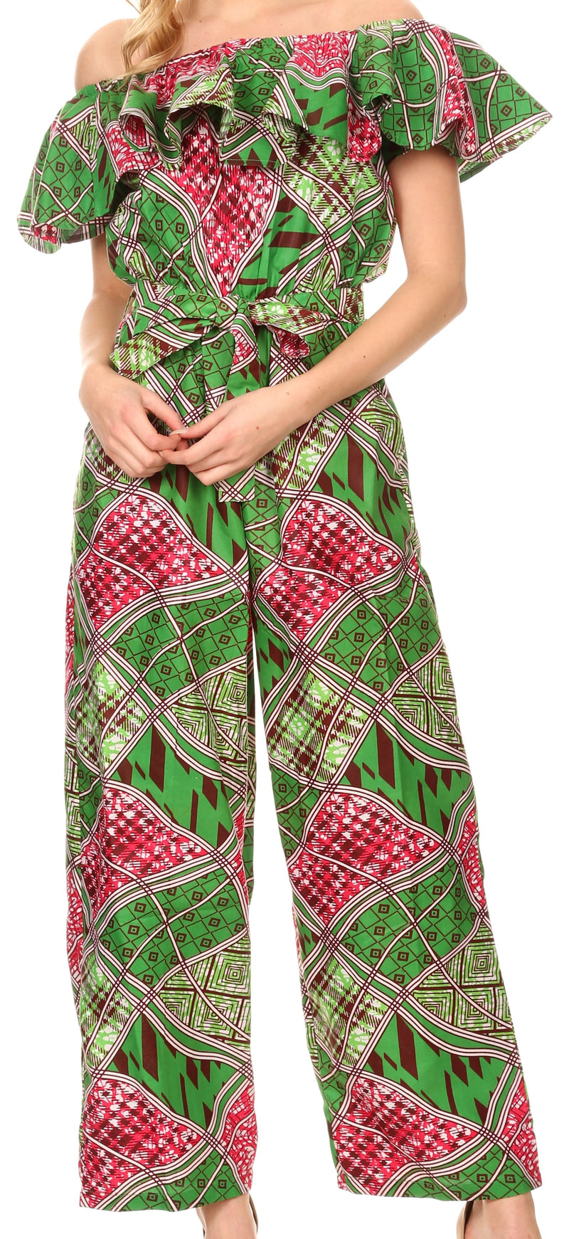 Sakkas Lelisa Ruffle Off-shoulder Long Jumpsuit w/pockets Wax African Ankara Dutch