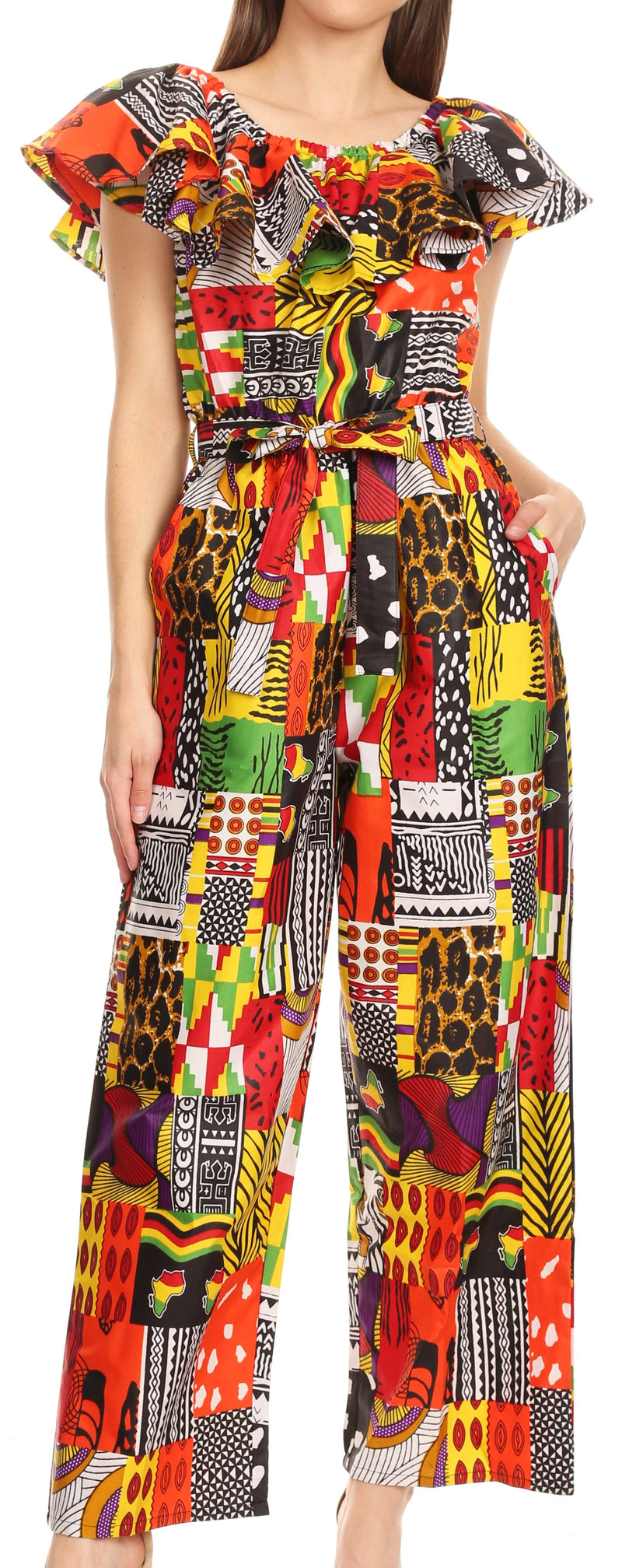 Sakkas Lelisa Ruffle Off-shoulder Long Jumpsuit w/pockets Wax African Ankara Dutch