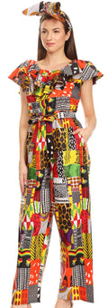 Sakkas Lelisa Ruffle Off-shoulder Long Jumpsuit w/pockets Wax African Ankara Dutch#color_146-Multi