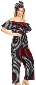 Sakkas Lelisa Ruffle Off-shoulder Long Jumpsuit w/pockets Wax African Ankara Dutch#color_28-Multi