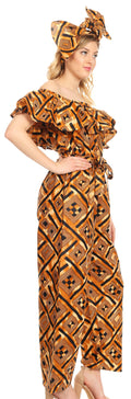 Sakkas Lelisa Ruffle Off-shoulder Long Jumpsuit w/pockets Wax African Ankara Dutch#color_30-Multi