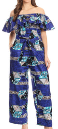 Sakkas Lelisa Ruffle Off-shoulder Long Jumpsuit w/pockets Wax African Ankara Dutch#color_408-RoyalBlue/Geometric