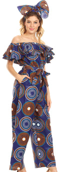 Sakkas Lelisa Ruffle Off-shoulder Long Jumpsuit w/pockets Wax African Ankara Dutch#color_423-BlueMulti