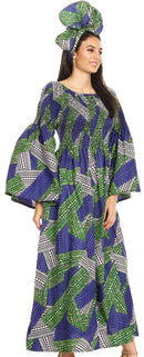 Sakkas Akela Womens Gypsy Peasant Boho Smocked Dress in African Ankara Print