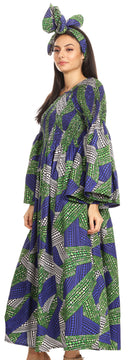 Sakkas Akela Womens Gypsy Peasant Boho Smocked Dress in African Ankara Print