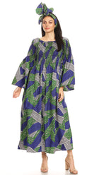 Sakkas Akela Womens Gypsy Peasant Boho Smocked Dress in African Ankara Print
