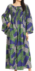 Sakkas Akela Womens Gypsy Peasant Boho Smocked Dress in African Ankara Print#color_129-BlueGreen