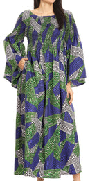 Sakkas Akela Womens Gypsy Peasant Boho Smocked Dress in African Ankara Print