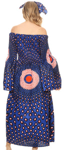 Sakkas Akela Womens Gypsy Peasant Boho Smocked Dress in African Ankara Print