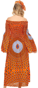 Sakkas Akela Womens Gypsy Peasant Boho Smocked Dress in African Ankara Print
