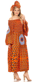 Sakkas Akela Womens Gypsy Peasant Boho Smocked Dress in African Ankara Print