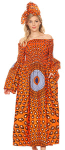 Sakkas Akela Womens Gypsy Peasant Boho Smocked Dress in African Ankara Print