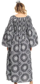 Sakkas Akela Womens Gypsy Peasant Boho Smocked Dress in African Ankara Print