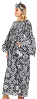 Sakkas Akela Womens Gypsy Peasant Boho Smocked Dress in African Ankara Print