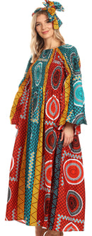 Sakkas Akela Womens Gypsy Peasant Boho Smocked Dress in African Ankara Print