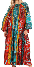 Sakkas Akela Womens Gypsy Peasant Boho Smocked Dress in African Ankara Print