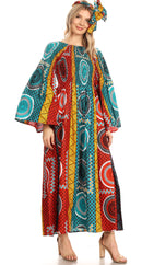 Sakkas Akela Womens Gypsy Peasant Boho Smocked Dress in African Ankara Print