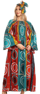 Sakkas Akela Womens Gypsy Peasant Boho Smocked Dress in African Ankara Print