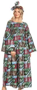 Sakkas Akela Womens Gypsy Peasant Boho Smocked Dress in African Ankara Print