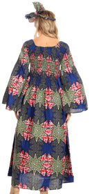 Sakkas Akela Womens Gypsy Peasant Boho Smocked Dress in African Ankara Print