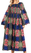 Sakkas Akela Womens Gypsy Peasant Boho Smocked Dress in African Ankara Print