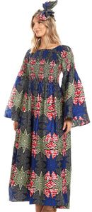 Sakkas Akela Womens Gypsy Peasant Boho Smocked Dress in African Ankara Print