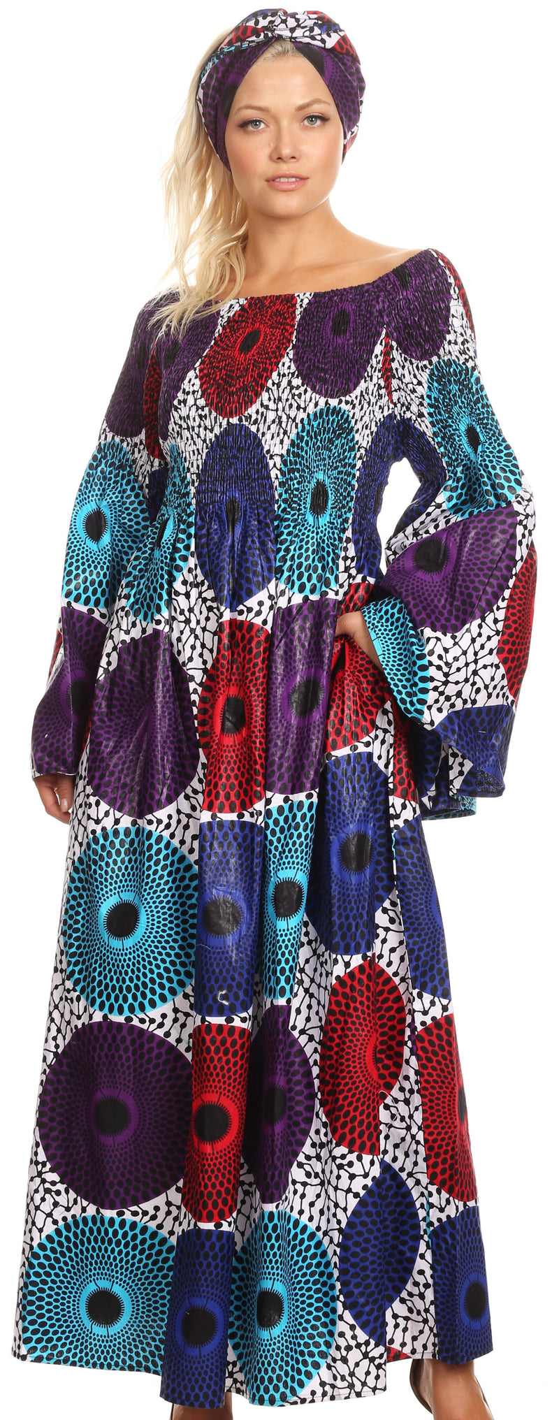 Sakkas Akela Womens Gypsy Peasant Boho Smocked Dress in African Ankara Print