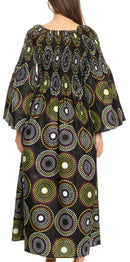 Sakkas Akela Womens Gypsy Peasant Boho Smocked Dress in African Ankara Print