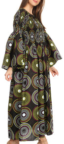 Sakkas Akela Womens Gypsy Peasant Boho Smocked Dress in African Ankara Print