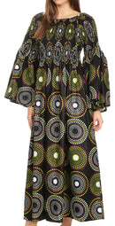 Sakkas Akela Womens Gypsy Peasant Boho Smocked Dress in African Ankara Print