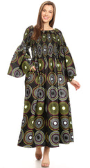 Sakkas Akela Womens Gypsy Peasant Boho Smocked Dress in African Ankara Print