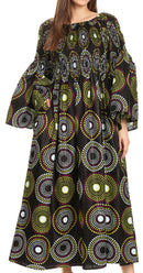 Sakkas Akela Womens Gypsy Peasant Boho Smocked Dress in African Ankara Print