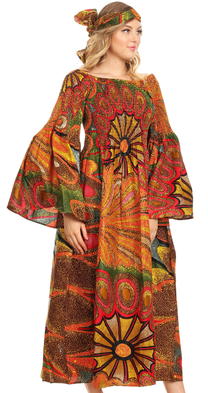 Sakkas Akela Womens Gypsy Peasant Boho Smocked Dress in African Ankara Print