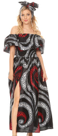 Sakkas Buhle Ruffle Off-shoulder Long Dress Wax African Ankara Dutch Print #color_28-Multi