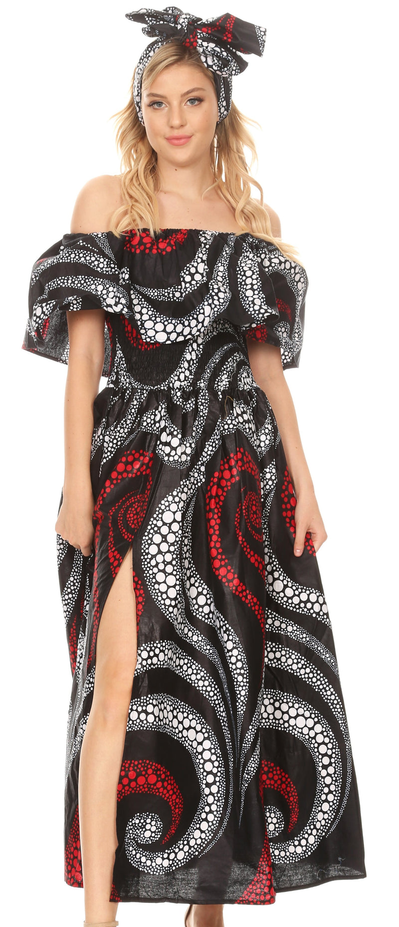 Sakkas Buhle Ruffle Off-shoulder Long Dress Wax African Ankara Dutch Print