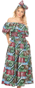 Sakkas Buhle Ruffle Off-shoulder Long Dress Wax African Ankara Dutch Print #color_37-Multi