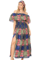 Sakkas Buhle Ruffle Off-shoulder Long Dress Wax African Ankara Dutch Print