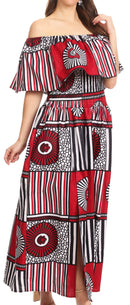 Sakkas Buhle Ruffle Off-shoulder Long Dress Wax African Ankara Dutch Print