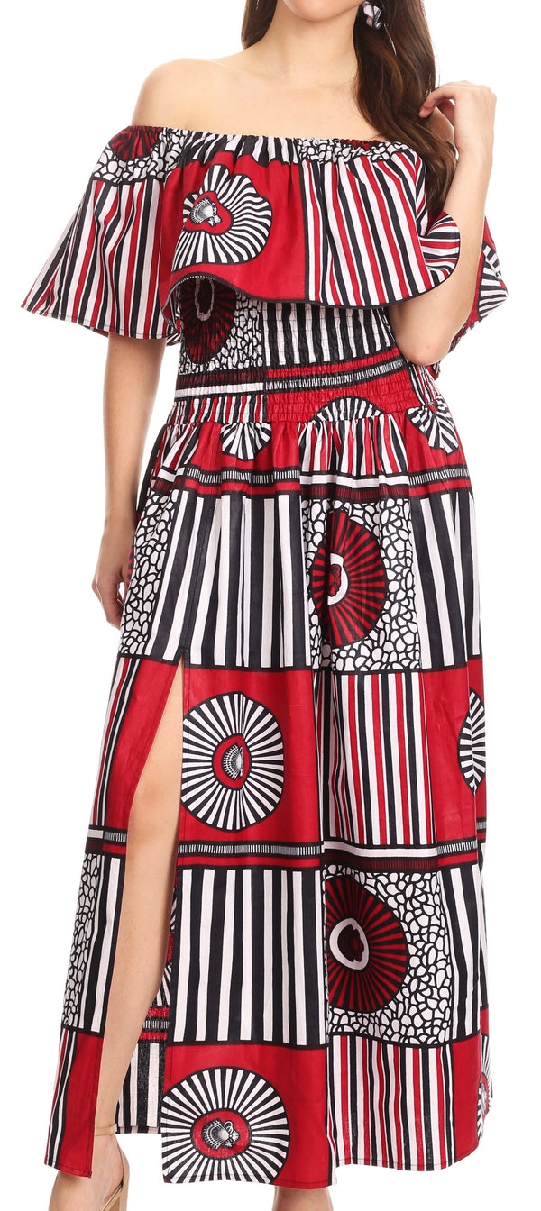 Sakkas Buhle Ruffle Off-shoulder Long Dress Wax African Ankara Dutch Print #color_411-Burgundy/Geometric