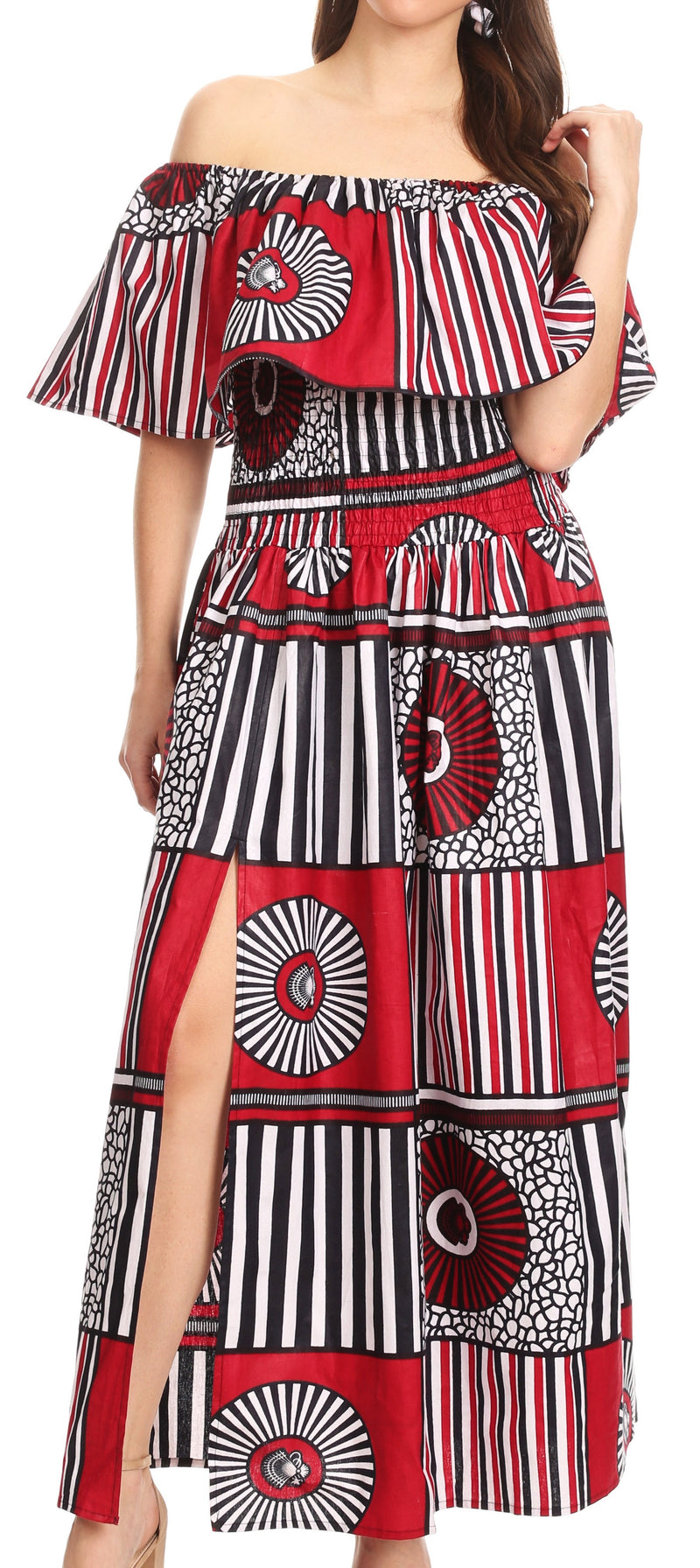 Sakkas Buhle Ruffle Off-shoulder Long Dress Wax African Ankara Dutch Print