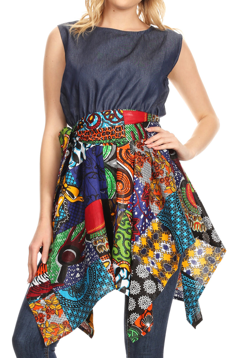 Sakkas Lani Womens Cocktail Sleeveless Hi-Lo Dress in African Print w/Pockets