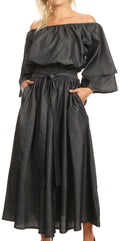 Sakkas Nohea Womens Chambray Flowy Maxi Peasant Boho Dress Flare with Pockets#color_BlackChambray