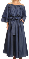 Sakkas Nohea Womens Chambray Flowy Maxi Peasant Boho Dress Flare with Pockets#color_BlueChambray