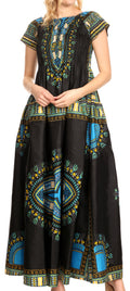 Sakkas Nataly Women's Maxi Off Shoulder Smock Dress African Dashiki Short Sleeve#color_Black