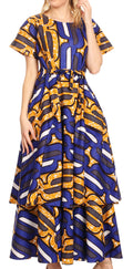 Sakkas Evra Women's Short Sleeve Maxi African Ankara Print Dress Pockets Casual#color_418-Blue/yellow